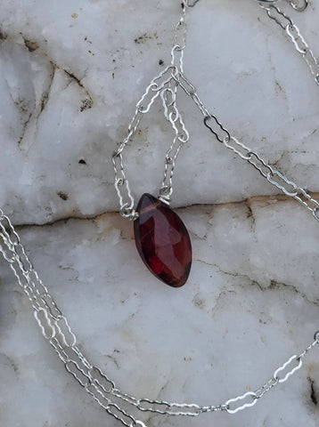 Garnet Faceted Marquise Sterling Silver Necklace 