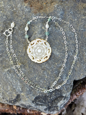 Antique Carved Mother Of Pearl Aquamarine Necklace