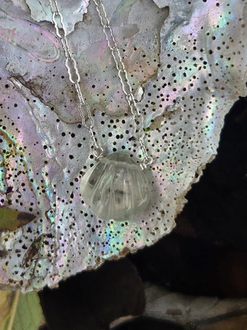 Aquamarine Carved Seashell  Sterling Silver Necklace