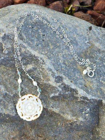 Antique Carved Mother Of Pearl Aquamarine Necklace
