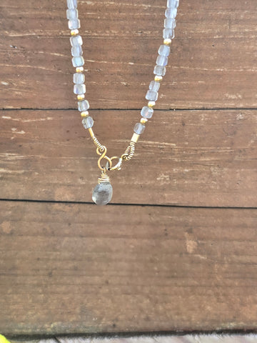 Labradorite Faceted Dice 14K Gold Infinity Beaded Necklace