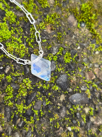 Rainbow Moonstone Faceted Diamond Sterling Silver Necklace 