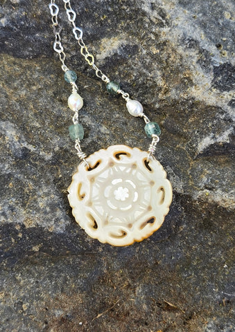 Antique Carved Mother Of Pearl Aquamarine Necklace