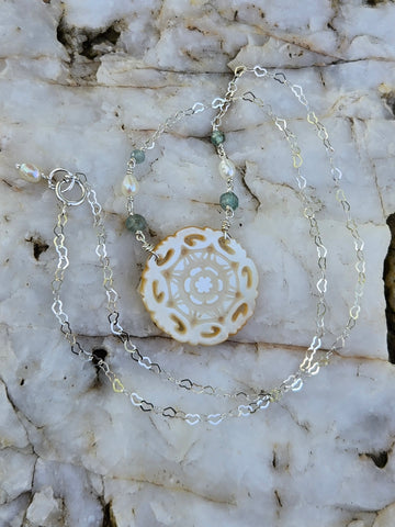 Antique Carved Mother Of Pearl Aquamarine Necklace