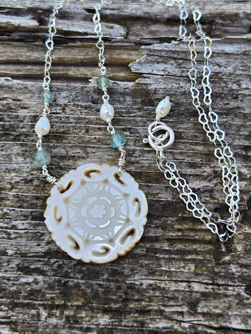 Antique Carved Mother Of Pearl Aquamarine Necklace