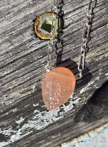 Peach Moonstone Faceted Leaf Sterling Silver Necklace