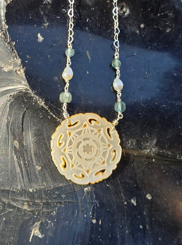 Antique Carved Mother Of Pearl Aquamarine Necklace