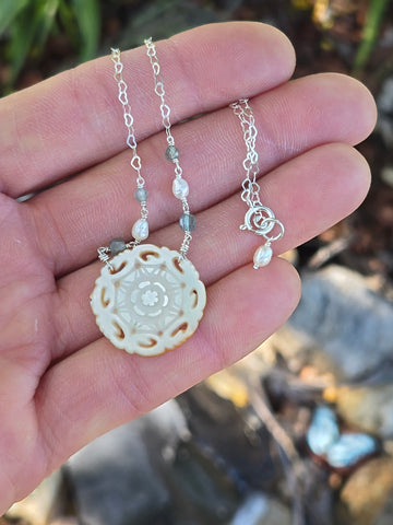 Antique Carved Mother Of Pearl Aquamarine Necklace