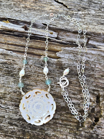 Antique Carved Mother Of Pearl Aquamarine Necklace