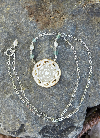 Antique Carved Mother Of Pearl Aquamarine Necklace