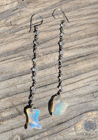 Ethiopian Welo Opal Nugget and Pakimer 14k White Gold Drop Earrings