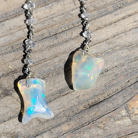 Ethiopian Welo Opal Nugget and Pakimer 14k White Gold Drop Earrings