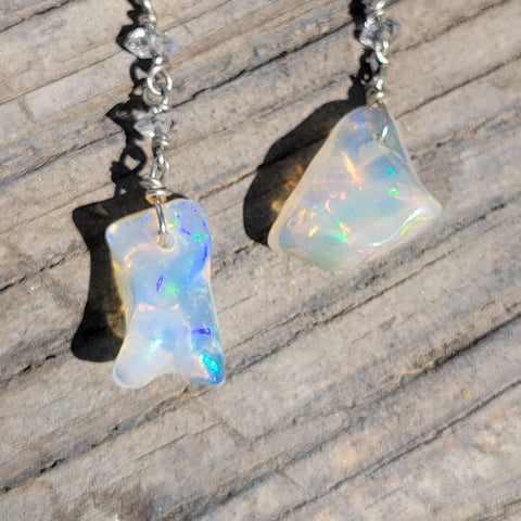 Ethiopian Welo Opal Nugget and Pakimer 14k White Gold Drop Earrings