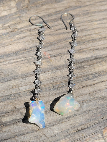 Ethiopian Welo Opal Nugget and Pakimer 14k White Gold Drop Earrings