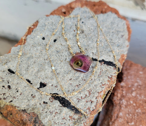 Brazilian Watermelon Tourmaline Slice Diamond 14k Gold Necklace